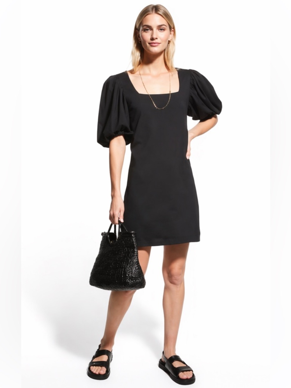 FRAME Nina Knit Mini Dress MEDIUM Black Puff Sleeve ORGANIC Cotton Blend Chic